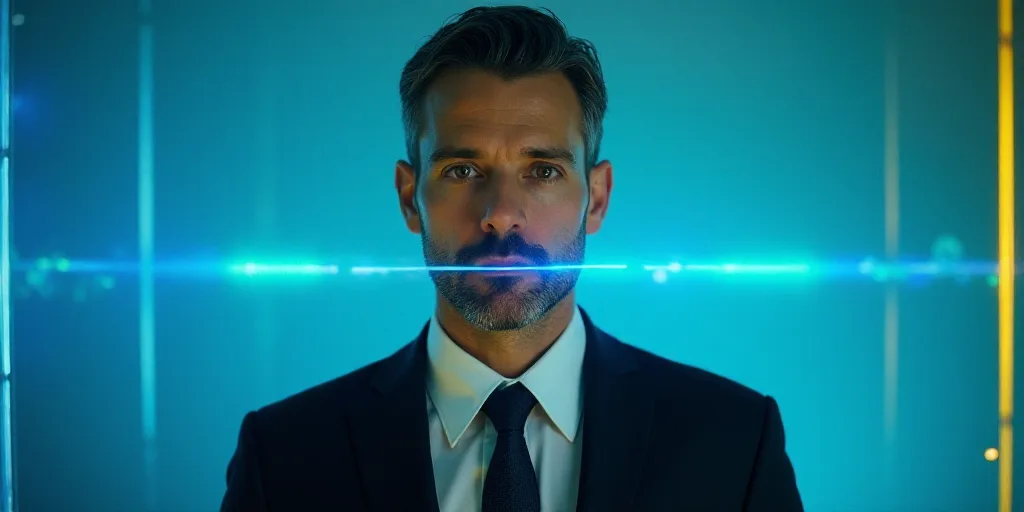 a man in a suit and tie is looking at the camera with a blue background and a yellow border, Bracha