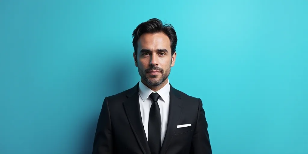 a man in a suit and tie is on a blue background with a black and white photo of himself, Estuardo Ma