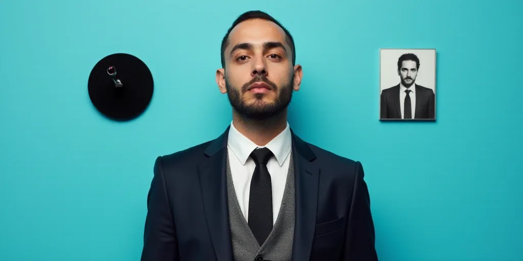 a man in a suit and tie is on a blue background with a black circle and a black and white photo, Ale