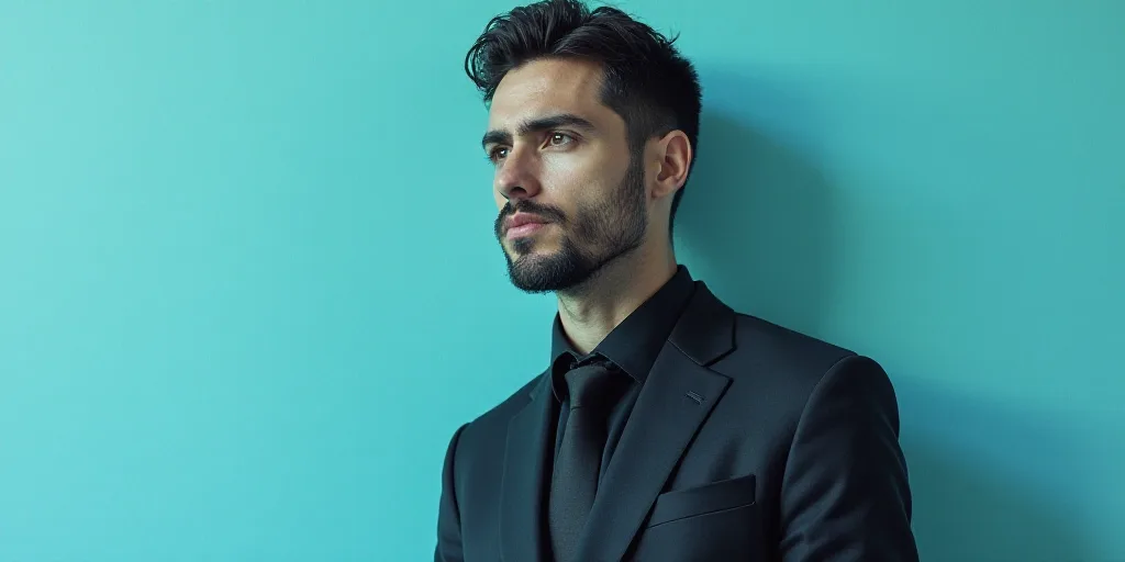 a man in a suit and tie is on a blue background with a black circle and a black and white photo, Ale