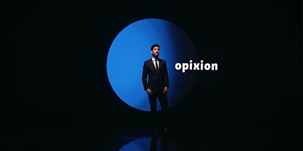 a man in a suit and tie is shown in a blue circle with the words opinion on it and a black backgroun