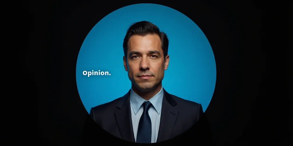a man in a suit and tie is shown in a blue circle with the words opinion on it and a black backgroun