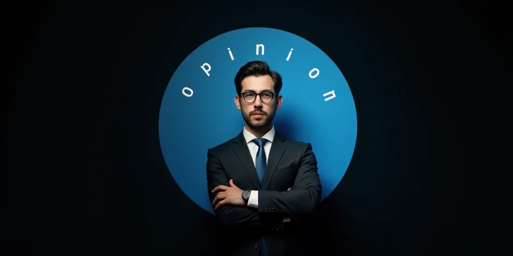 a man in a suit and tie is shown in a blue circle with the words opinion on it and a black backgroun