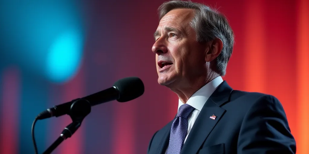 a man in a suit and tie is speaking into a microphone with a colorful background behind him and a mi
