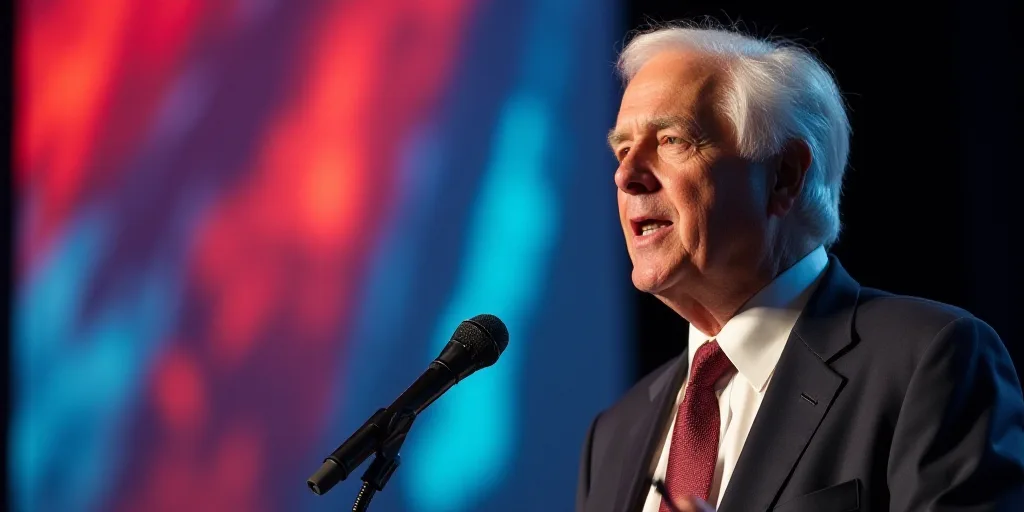 a man in a suit and tie is speaking into a microphone with a colorful background behind him and a mi