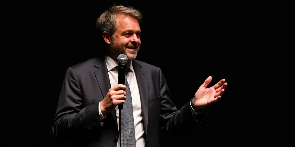 a man in a suit and tie is speaking into a microphone with his hands out in front of him, Christoph
