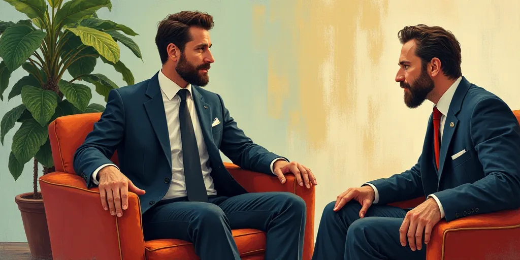 a man in a suit and tie is talking to someone in a chair with a plant behind him and a potted plant