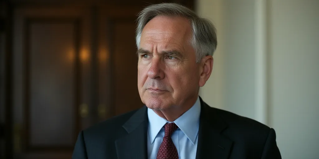 a man in a suit and tie looking off into the distance with a serious look on his face and shoulders,