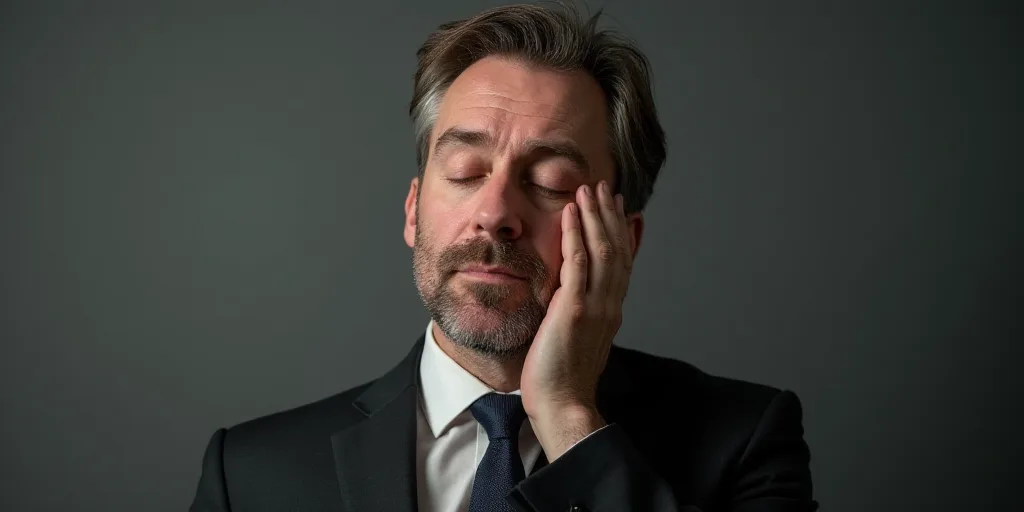 a man in a suit and tie looking at something with his hand on his face and his eyes closed, Donald R