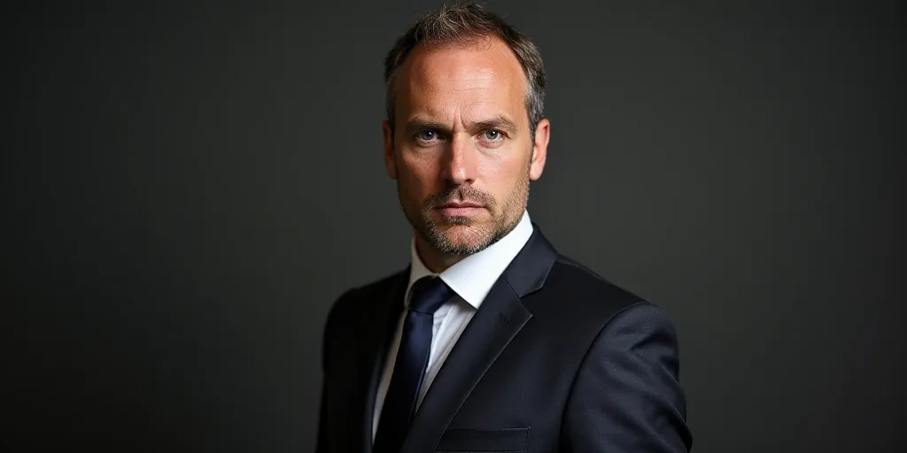 a man in a suit and tie looking at the camera with a serious look on his face and shoulders, Armin B
