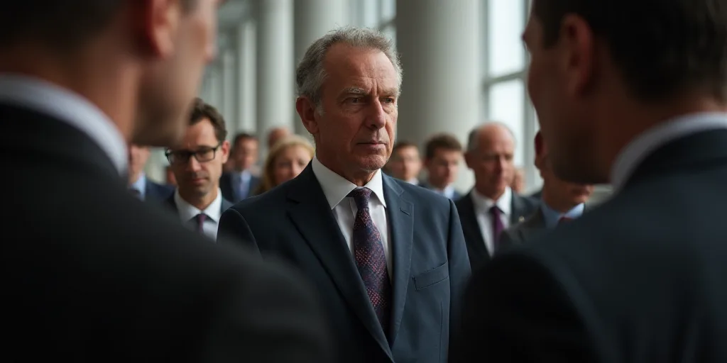 a man in a suit and tie looking at something with a serious look on his face as people look on, Doug