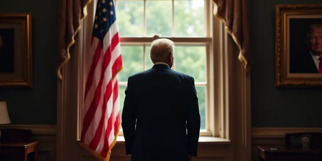 a man in a suit and tie looking out a window with an american flag in front of him and a picture of