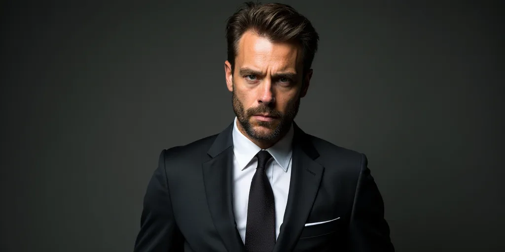 a man in a suit and tie looking at the camera with a serious look on his face and shoulders, Dirck v