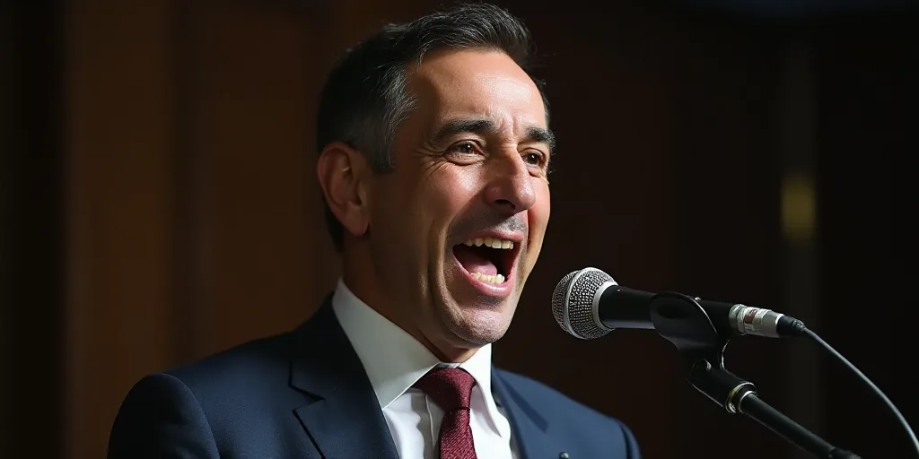 a man in a suit and tie making a face with his mouth open and a microphone in front of him, Carlos F