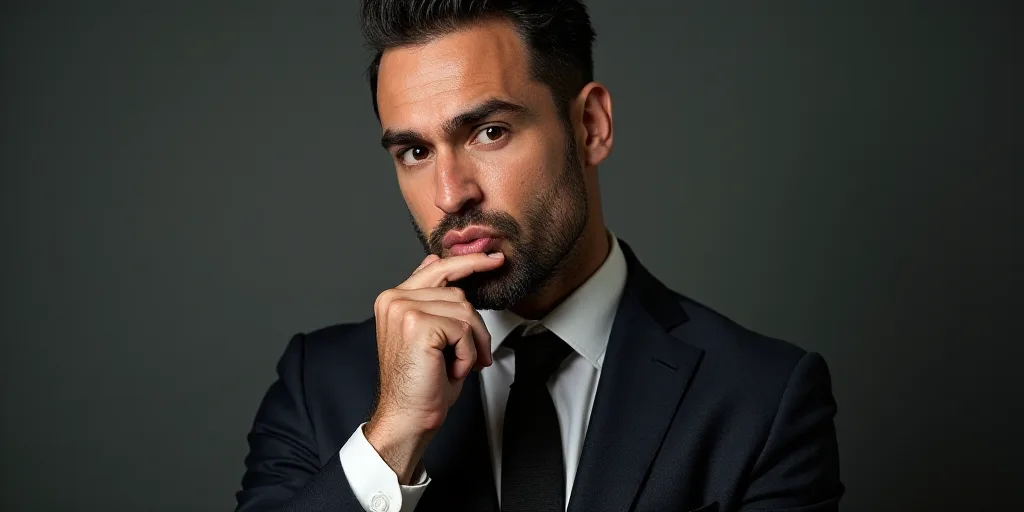 a man in a suit and tie making a face with his hand on his chin and looking at the camera, Federico