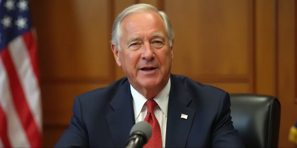 a man in a suit and tie sitting in front of a flag and a microphone with a microphone in the backgro