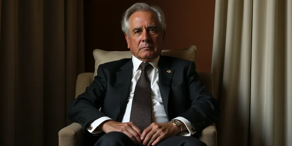 a man in a suit and tie sitting in a chair with a pillow behind him and a curtain behind him, Federi
