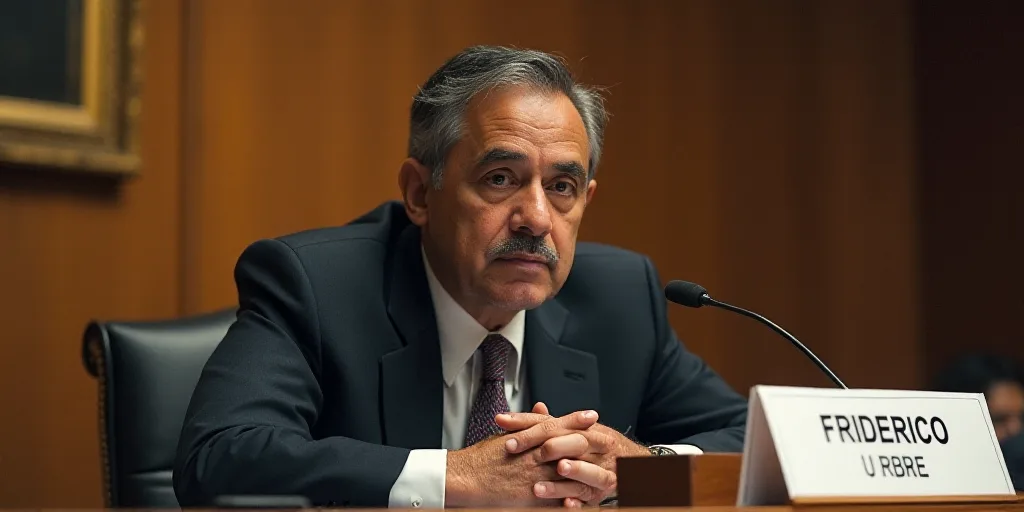 a man in a suit and tie sitting in front of a sign with a name on it and a microphone, Federico Urib