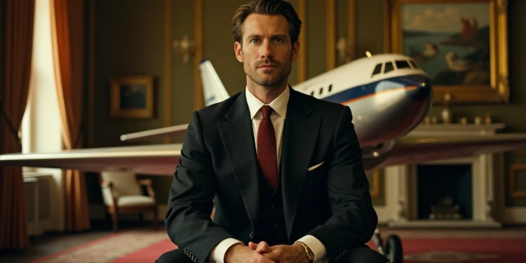 a man in a suit and tie sitting in front of a plane in a room with gold decorations and a fireplace,