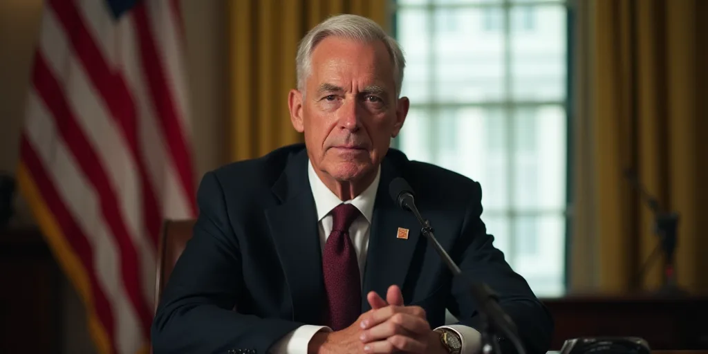 a man in a suit and tie sitting in front of a microphone in front of a flag and a window, Donald Rol