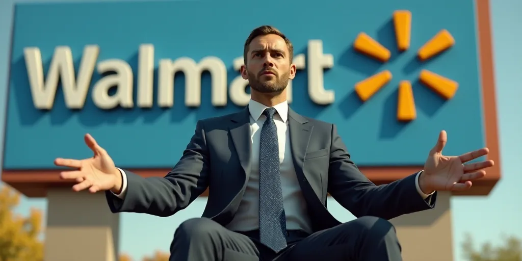 a man in a suit and tie sitting in front of a walmart sign with his hands out to the side, Donald Ro