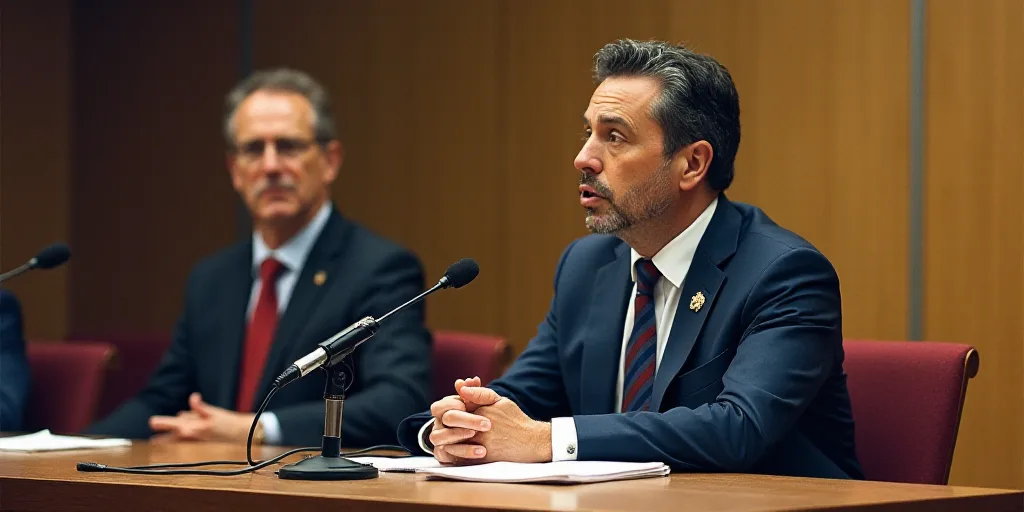 a man in a suit and tie sitting at a table with a microphone in front of him and another man in the