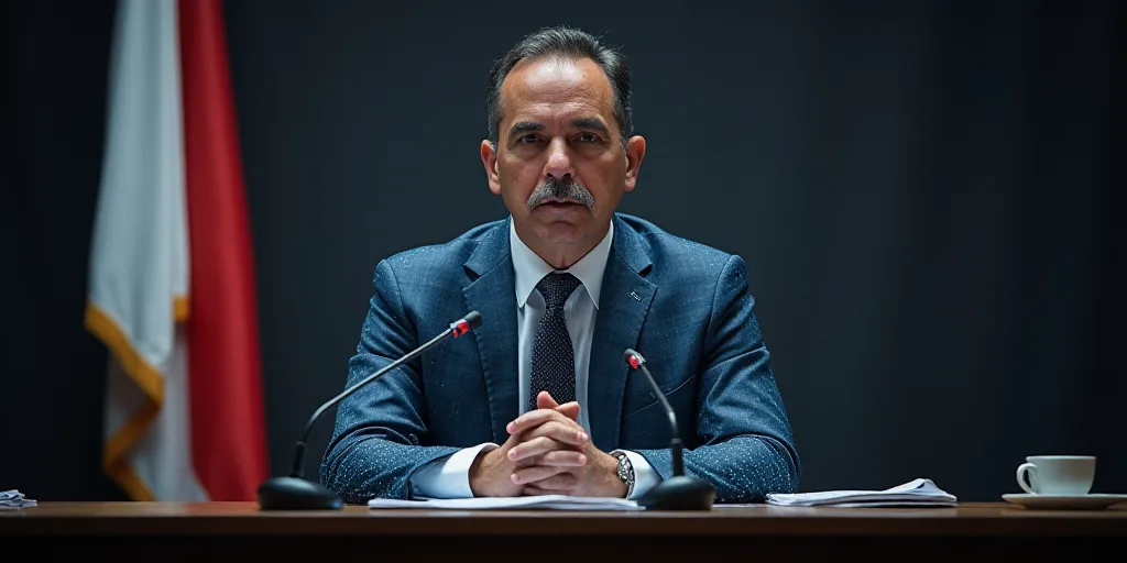 a man in a suit and tie sitting at a table with a microphone in front of him and a flag behind him,