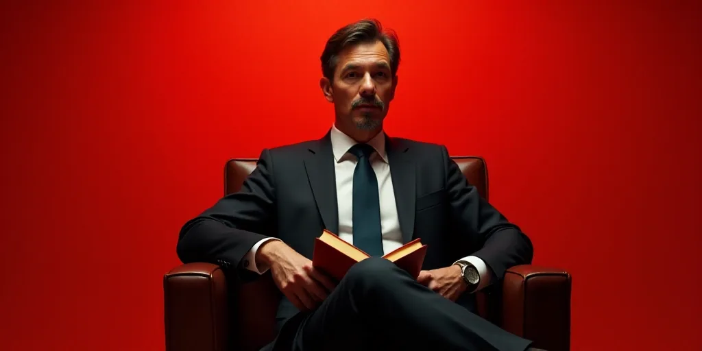 a man in a suit and tie sitting in a chair with a book in his hand and a red background, Carlos Fran