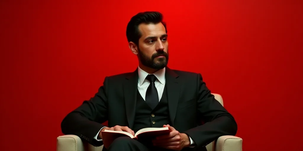 a man in a suit and tie sitting in a chair with a book in his hand and a red background, Carlos Fran