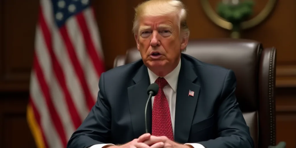 a man in a suit and tie sitting at a desk with a microphone in front of him and a flag in the backgr