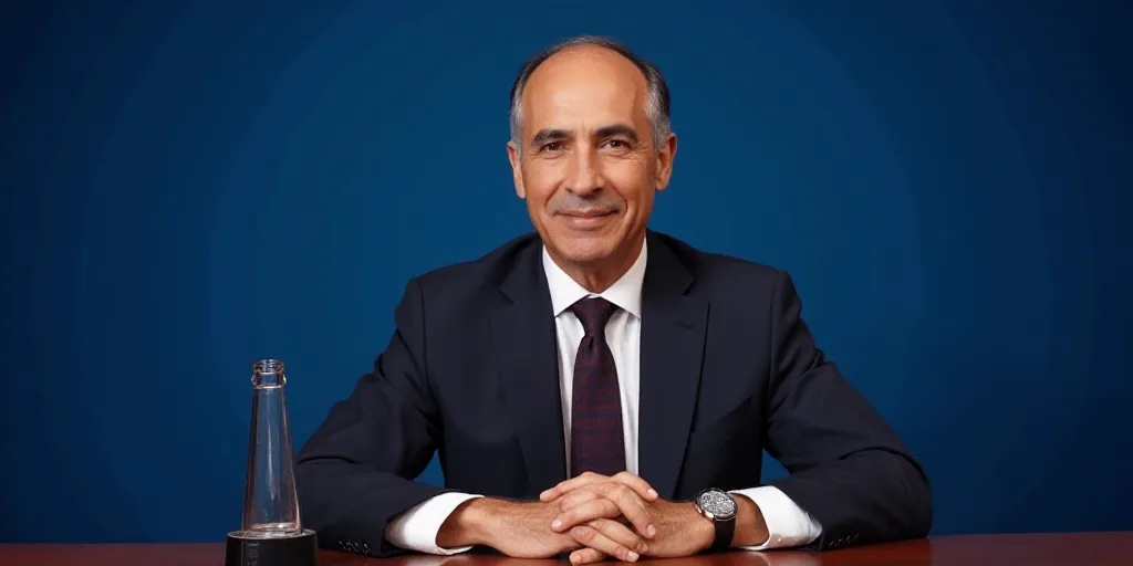 a man in a suit and tie sitting at a table with a microphone in front of him and a blue backdrop, Ar