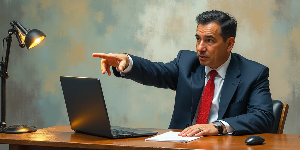 a man in a suit and tie sitting at a table with a laptop computer and pointing at something in front