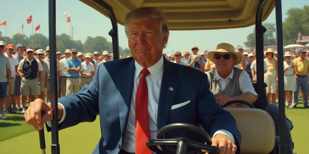 a man in a suit and tie sitting in a golf cart with a golf club in his hand and a crowd of people be