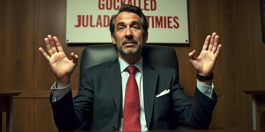 a man in a suit and tie sitting in a chair with his hands up in front of him and a sign behind him,