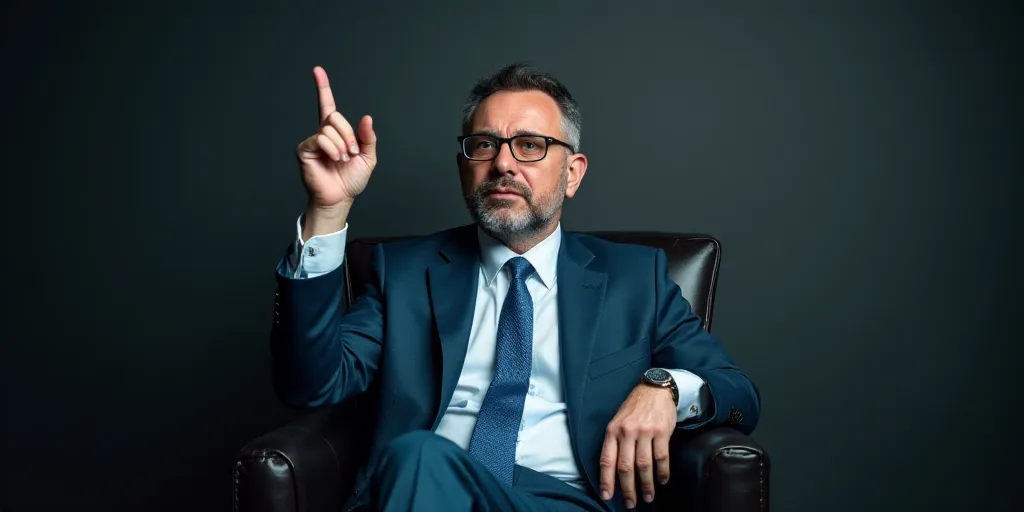 a man in a suit and tie sitting in a chair with his finger up in the air and looking at the camera,