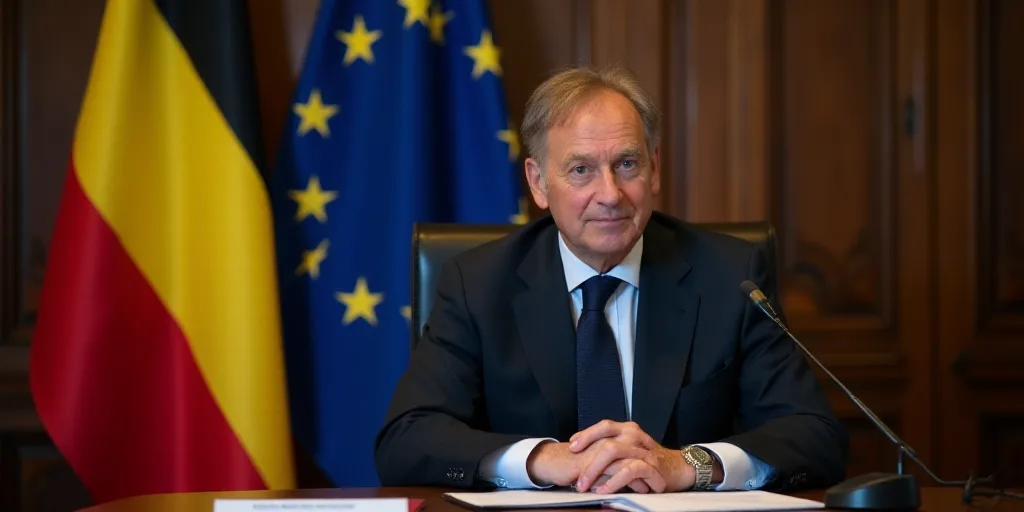 a man in a suit and tie sitting at a table with a microphone in front of him and a european flag beh