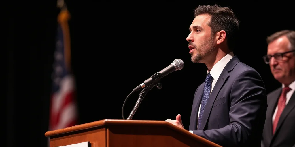a man in a suit and tie speaking into a microphone at a podium with a man in a black jacket and tie,