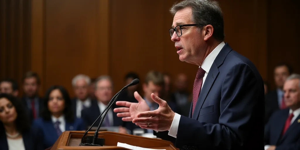a man in a suit and tie speaking at a podium with his hands out in front of him and people in the ba