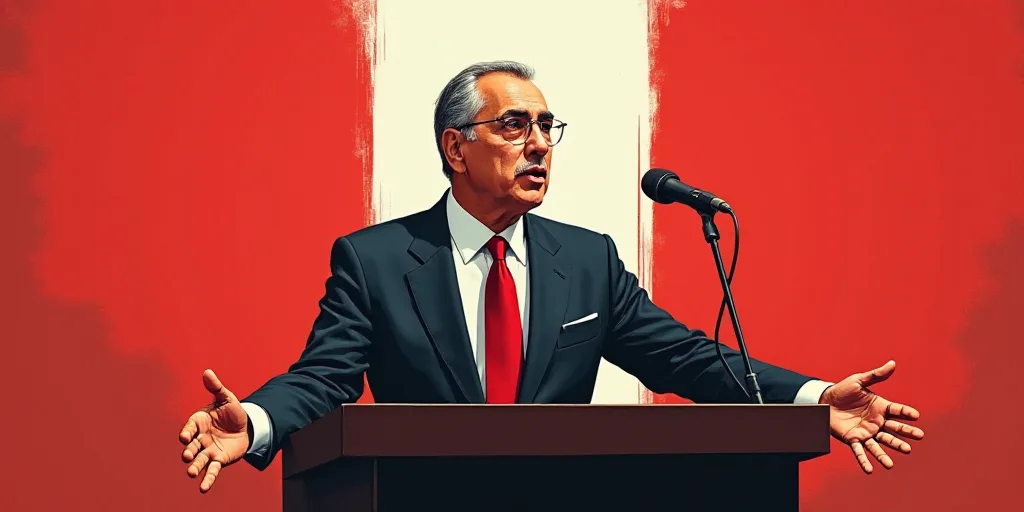 a man in a suit and tie speaking at a podium with a microphone in front of him and a red and white b