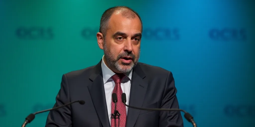 a man in a suit and tie speaking at a podium with a microphone in front of him and a blue and green