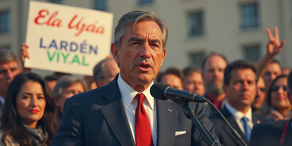 a man in a suit and tie speaking into a microphone with other people behind him and a sign behind hi