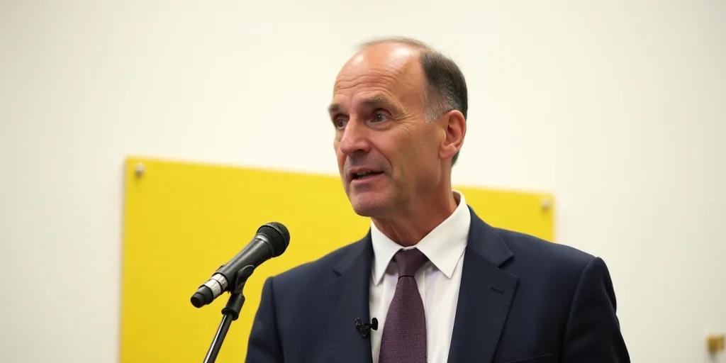 a man in a suit and tie speaking into a microphone with a white background and a yellow sign behind