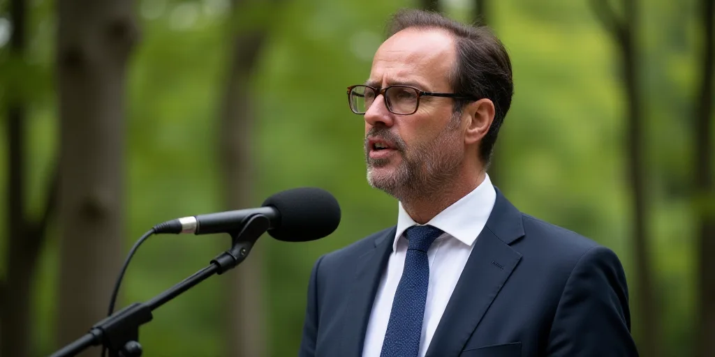 a man in a suit and tie speaking into a microphone with trees in the background in the background, a
