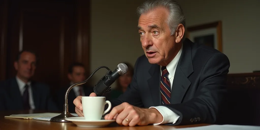 a man in a suit and tie speaking into a microphone at a table with a cup of coffee in front of him,