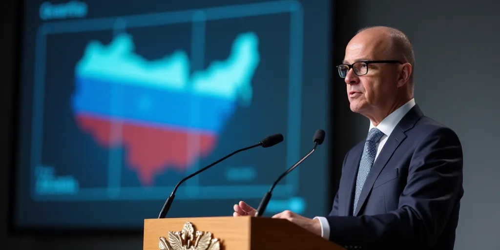 a man in a suit and tie speaking at a podium with a microphone in front of him and a sign behind him