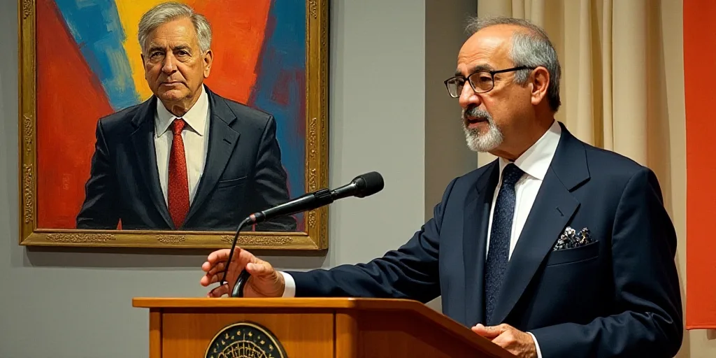 a man in a suit and tie speaking at a podium with a microphone in front of him and a amb logo on the