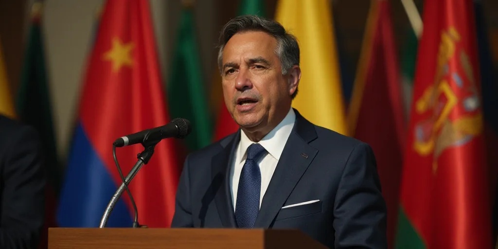 a man in a suit and tie speaking at a podium with flags behind him and a microphone in the foregroun