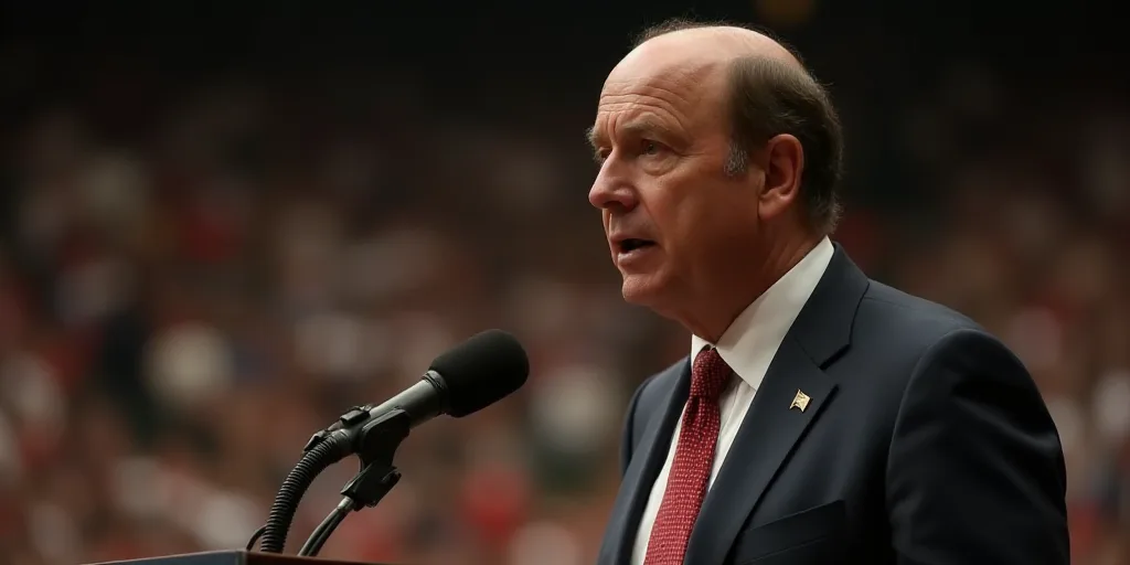 a man in a suit and tie speaking at a podium with a microphone in front of him and a crowd, Donald R