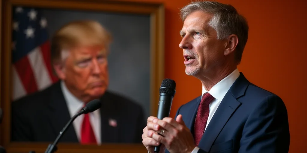 a man in a suit and tie speaking into a microphone with a picture of president donald trump behind h