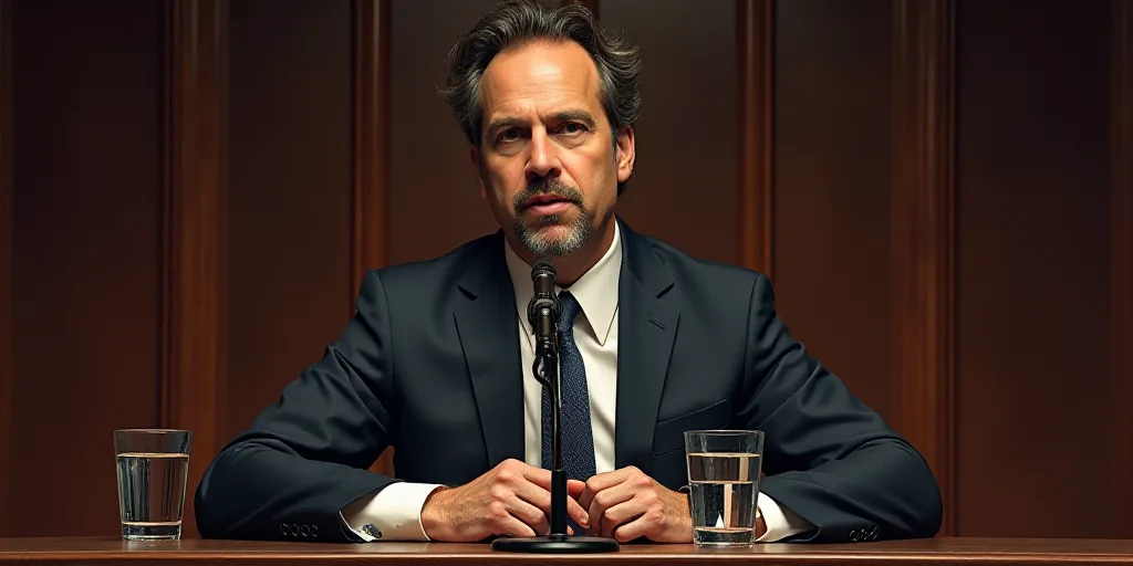 a man in a suit and tie speaking into a microphone at a table with two glasses of water on it, Aaron
